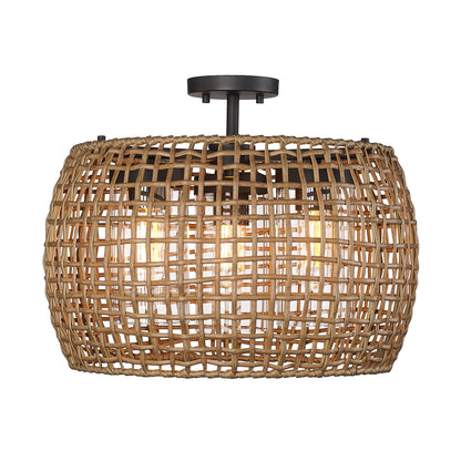 Piper 3 Light Semi-Flush - Outdoor in Natural Black with Maple All-Weather Wicker Shade - Default Title - Golden Lighting