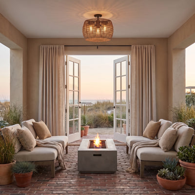 Piper 3-light Outdoor Ceiling in Natural Black, AI-visualized room scene - Golden Lighting