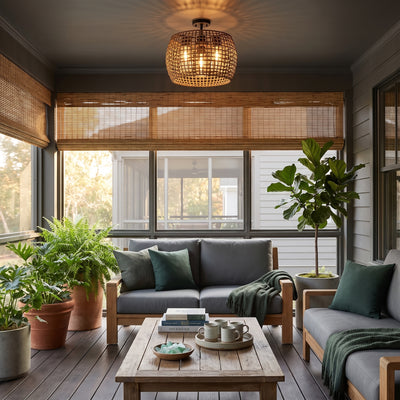 Piper 3-light Outdoor Ceiling in Natural Black, AI-visualized porch scene - Golden Lighting