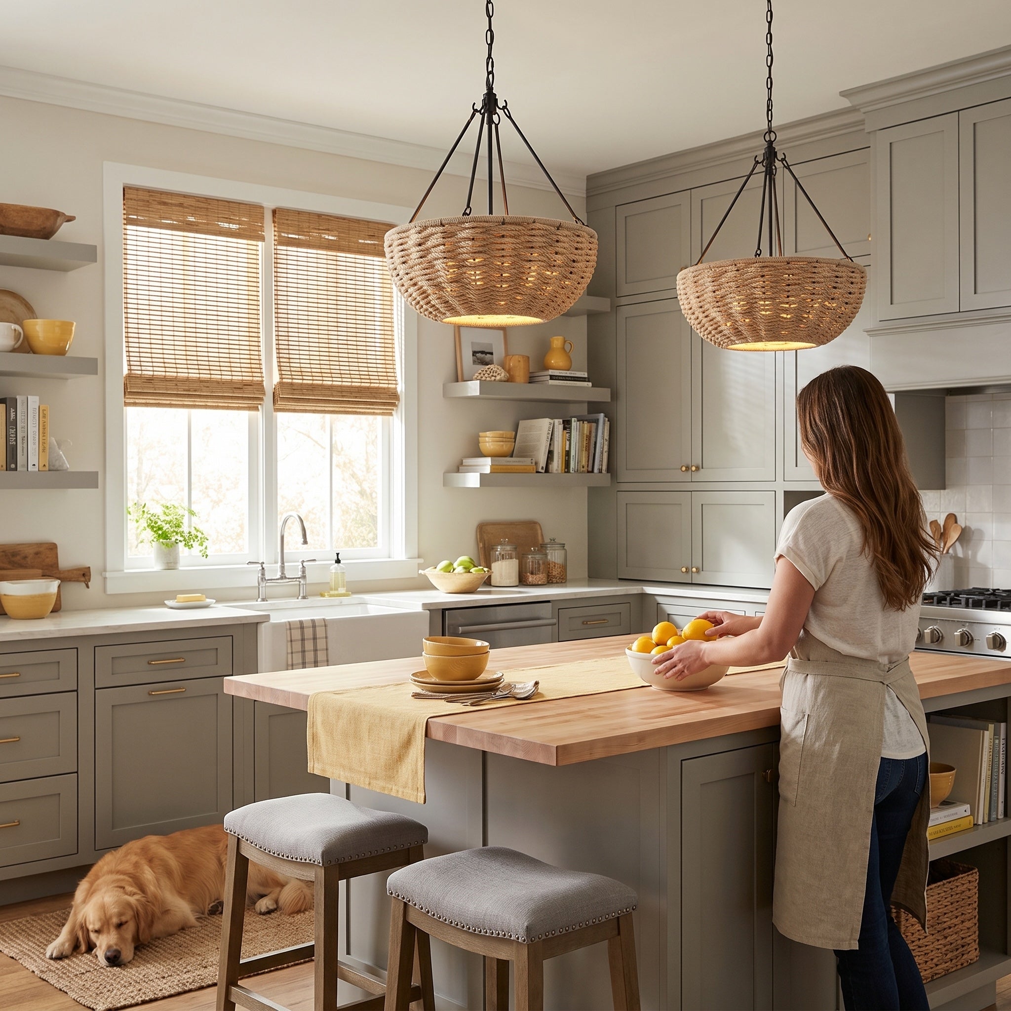 Hathaway 4-light Pendant in Matte Black, AI-visualized dining room scene - Golden Lighting