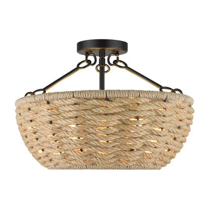 Hathaway Semi-Flush in Matte Black - Matte Black / Woven Hemp Rope / Beige - Golden Lighting