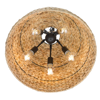 Golden Lighting Rue 5-light Pendant in Matte Black and Woven Sweet Grass shade - - Golden Lighting