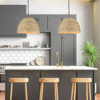 Golden Lighting Rue 5-light Pendant in Matte Black and Woven Sweet Grass shade - - Golden Lighting