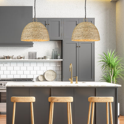 Golden Lighting Rue 5-light Pendant in Matte Black and Woven Sweet Grass shade - - Golden Lighting