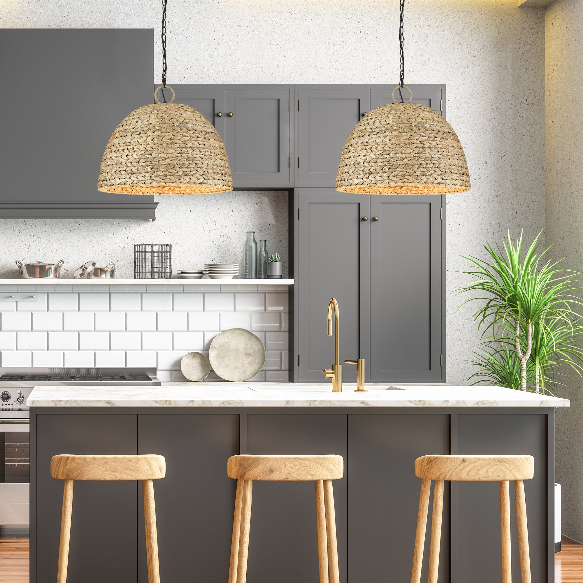 Rue 5 Light Pendant in Matte Black with Woven Sweet Grass Shade - Incandescent,Type A / 5 x 60W(M) / 21"L x 21"W x 18.625"H - Golden Lighting