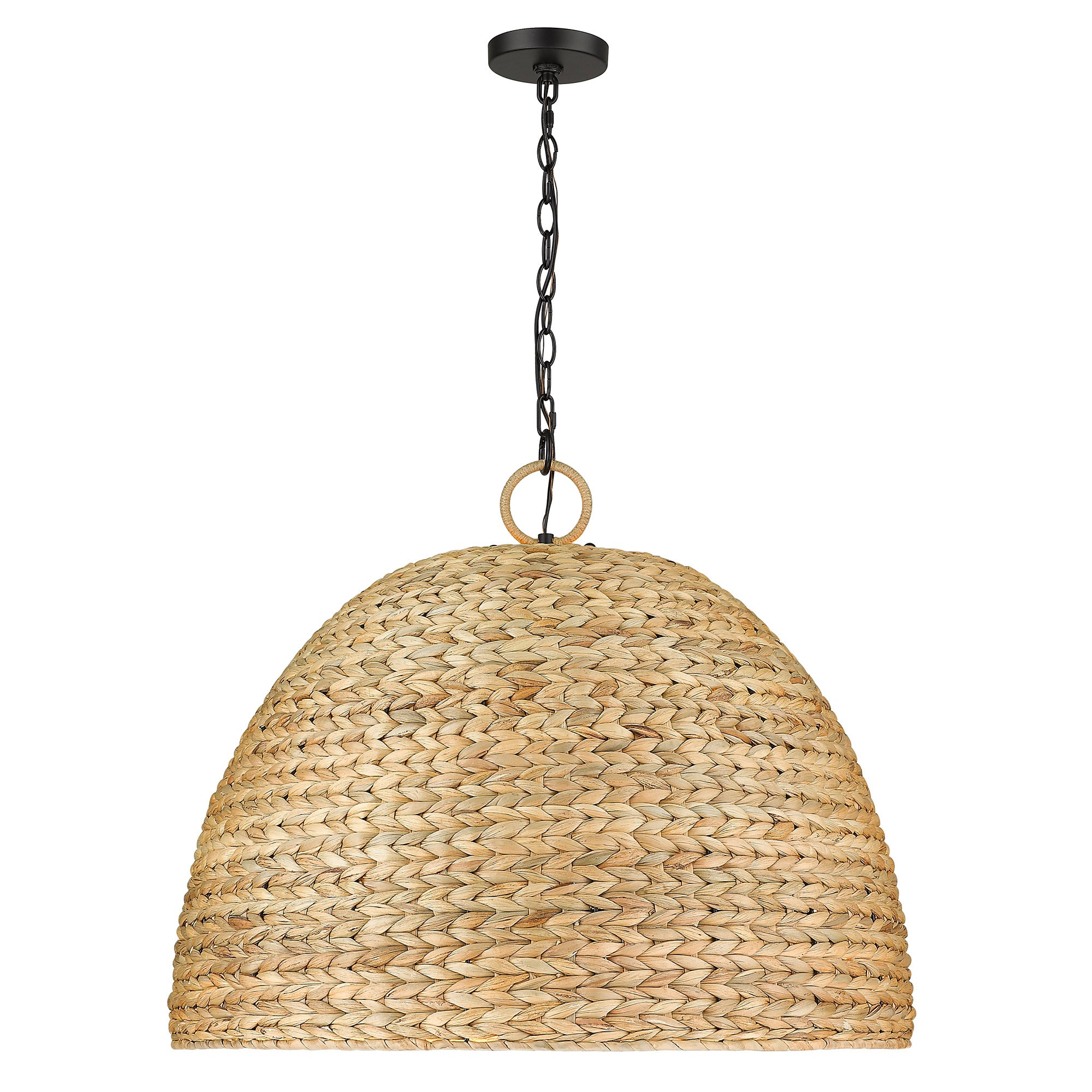 Rue 8 Light Pendant in Matte Black with Woven Sweet Grass Shade - Matte Black / Woven Sweet Grass / Beige - Golden Lighting