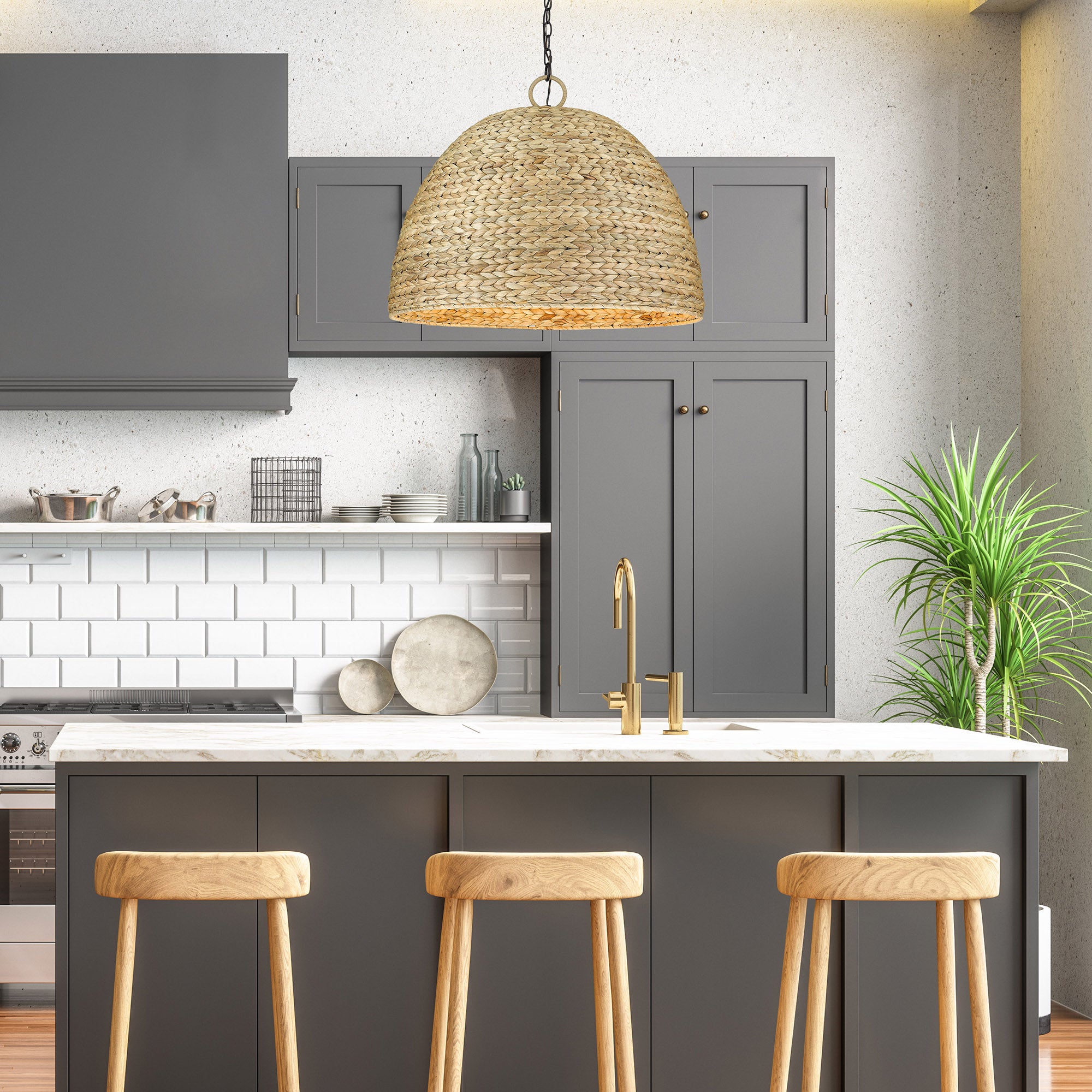 Rue 8 Light Pendant in Matte Black with Woven Sweet Grass Shade - Default Title - Golden Lighting