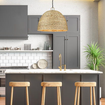 Rue 8 Light Pendant in Matte Black with Woven Sweet Grass Shade - Default Title - Golden Lighting