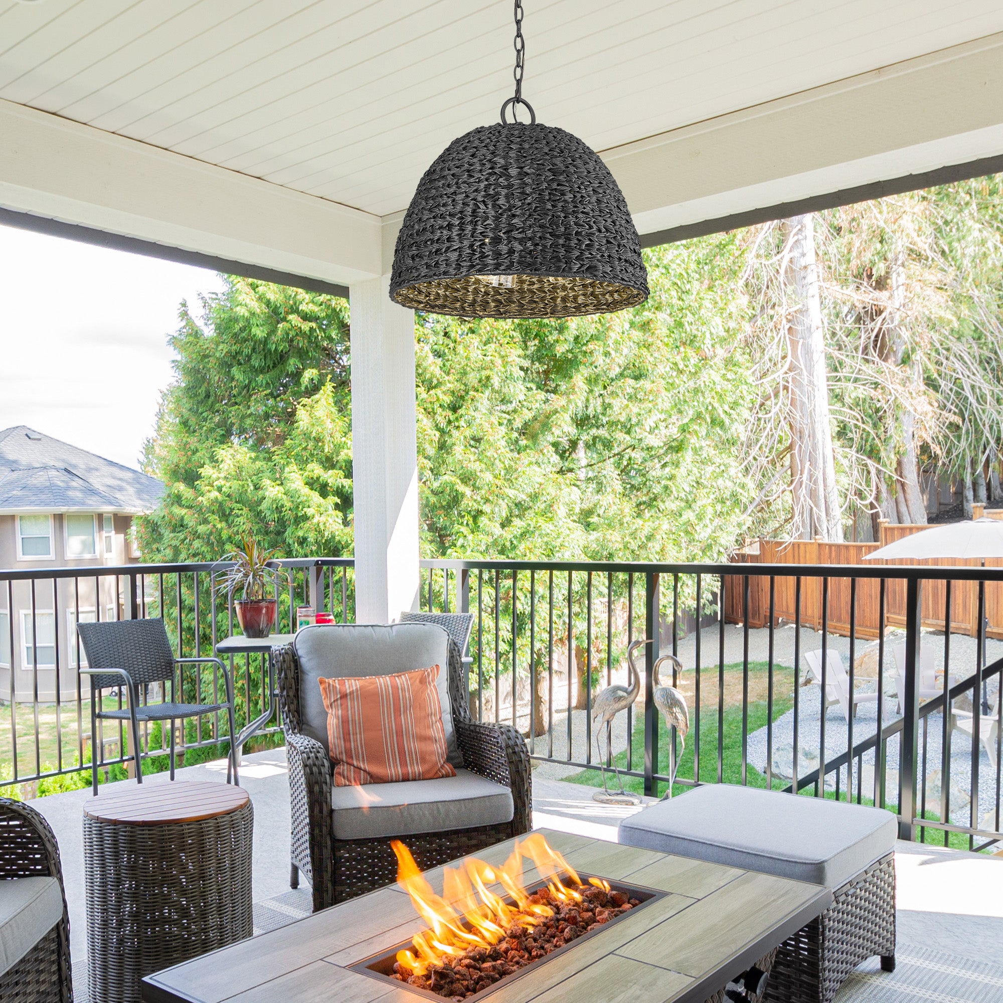 Rue NB 3 Light Pendant - Outdoor in Natural Black with Silken Black Wicker Shade - Incandescent,Type T / 3 x 60W(M) / 21"L x 21"W x 17.5"H - Golden Lighting