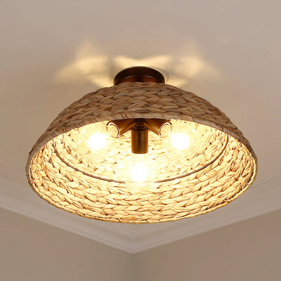 Golden Lighting Rue 3-light Semi-Flush Mount in Matte Black and Woven Sweet Grass shade - - Golden Lighting
