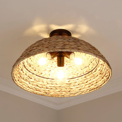 Golden Lighting Rue 3-light Semi-Flush Mount in Matte Black and Woven Sweet Grass shade - - Golden Lighting
