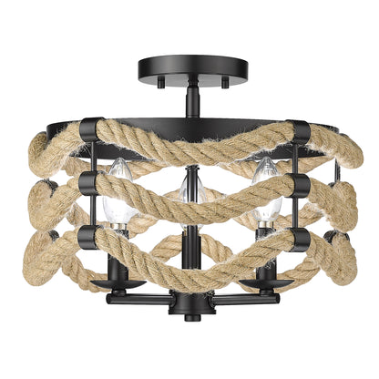 Marissa 3 Light Semi-Flush in Matte Black - Matte Black / Woven Hemp Rope / Beige - Golden Lighting