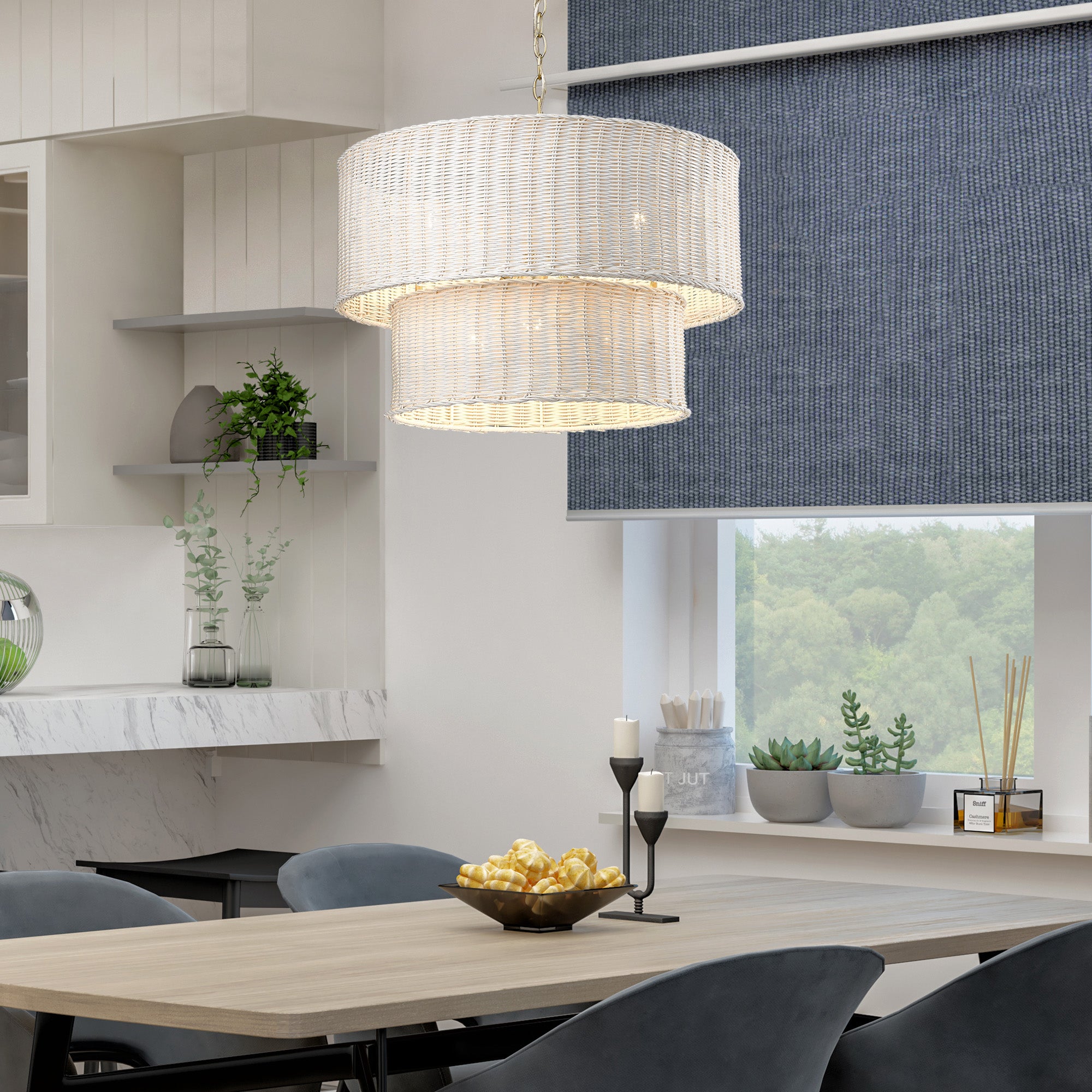 Erma BCB 6 Light Chandelier in Brushed Champagne Bronze with White Wicker Shade - Default Title - Golden Lighting