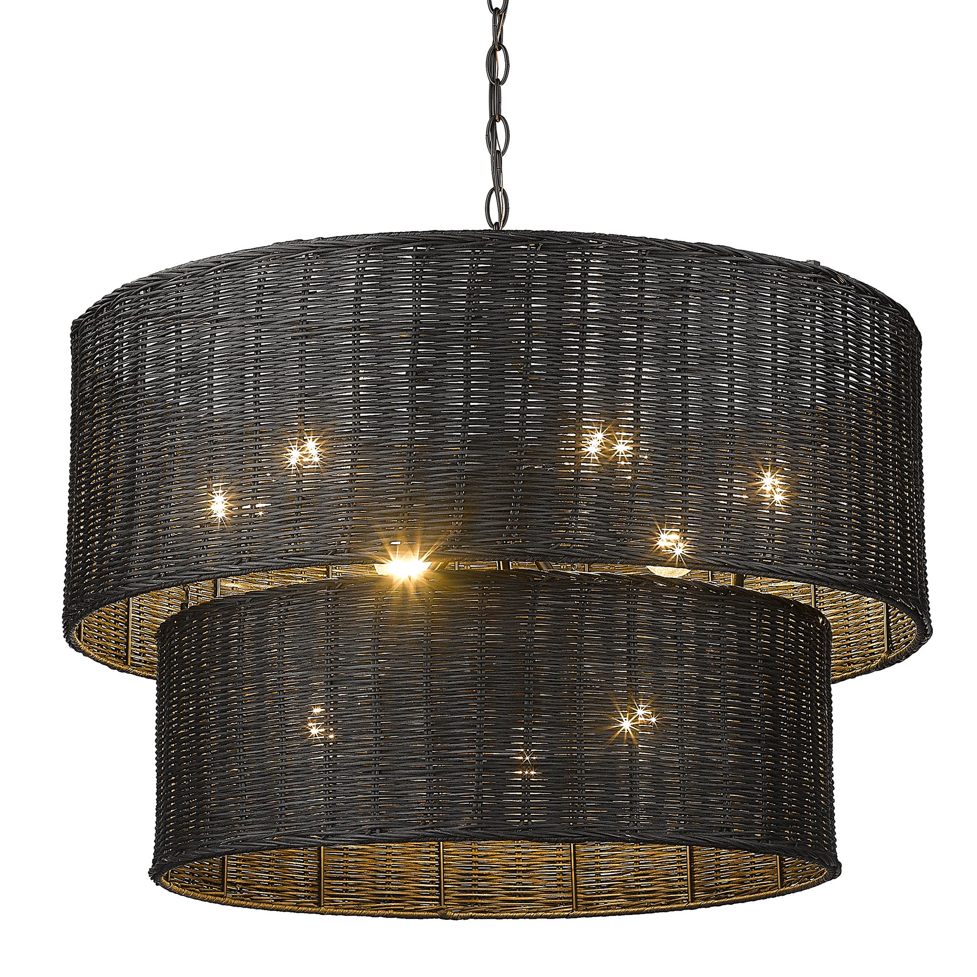 Erma 9 Light Chandelier in Matte Black and Black Wicker - - Golden Lighting