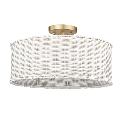 Erma BCB 3 Light Semi-Flush in Brushed Champagne Bronze with White Wicker Shade - - Golden Lighting