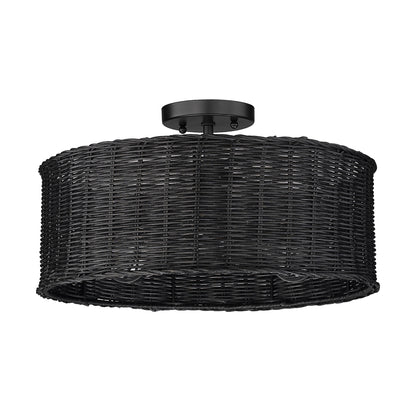 Erma 3 Light Semi-Flush in Matte Black with Black Wicker Shade - - Golden Lighting