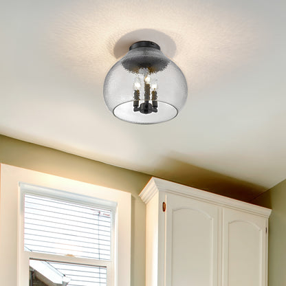 Ariella BLK 3 Light Flush Mount in Matte Black with Hammered Clear Glass Shade - Default Title - Golden Lighting
