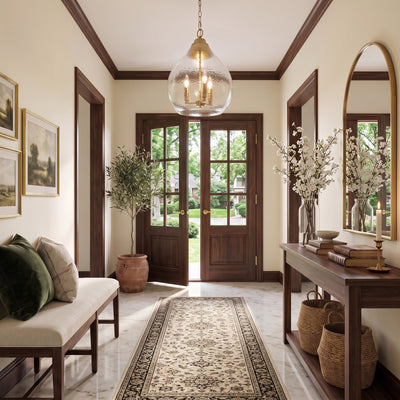 Ariella 3-light Pendant in Brushed Champagne Brass, AI-visualized dining room scene - Golden Lighting