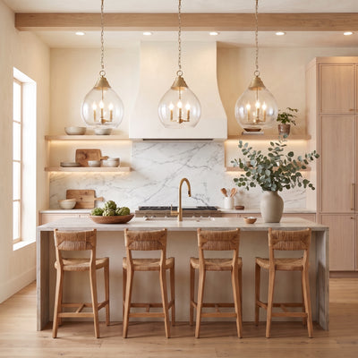 Ariella 3-light Pendant in Brushed Champagne Brass, AI-visualized kitchen scene - Golden Lighting