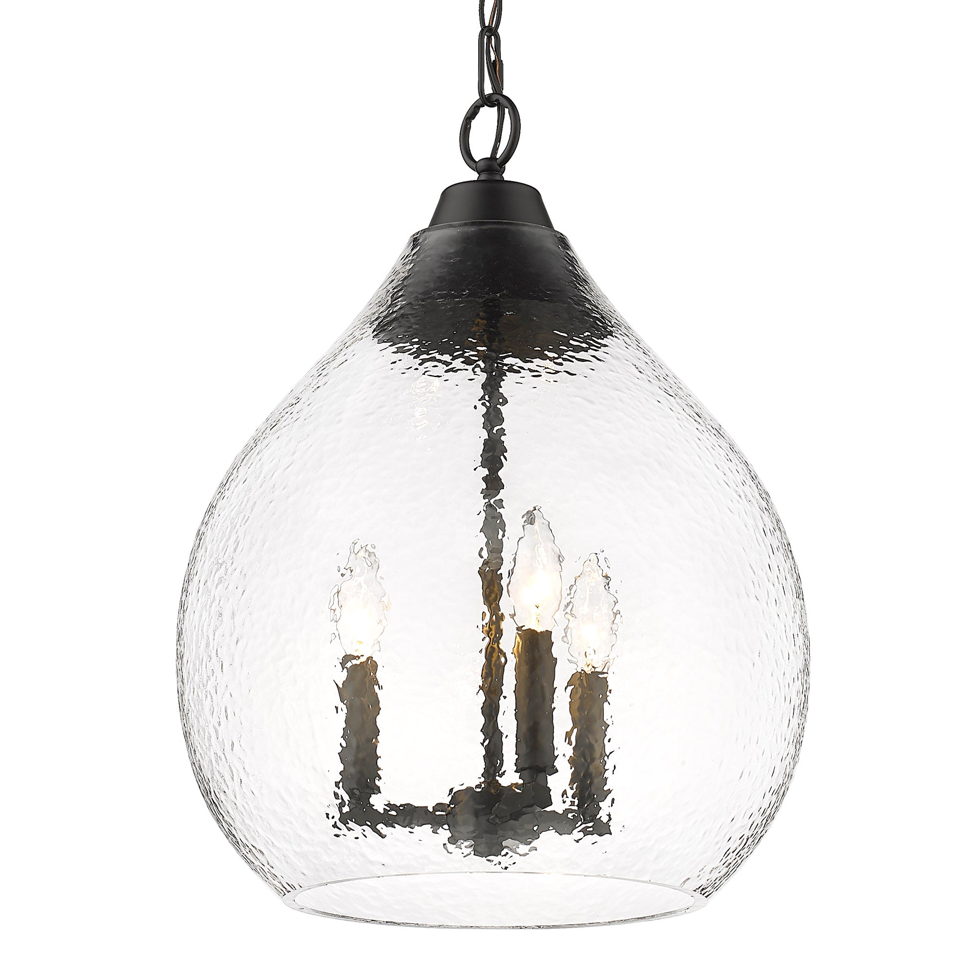 Ariella 3-Light Pendant in Matte Black with Hammered Clear Glass - - Golden Lighting