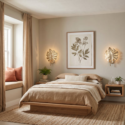 Aruba 1-light Wall Sconce in White Gold, AI-visualized bedroom scene - Golden Lighting