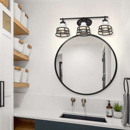 Locklyn 3 Light Bath Vanity in Matte Black with Matte White Shades - Incandescent,Type A / 3 x 100W(M) / 26"L x 9.5"H x 7.25"E - Golden Lighting