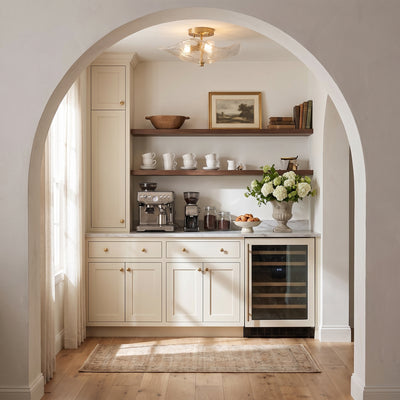 Samara 2-light Semi-Flush Mount in Modern Brass, AI-visualized butler's pantry scene - Golden Lighting