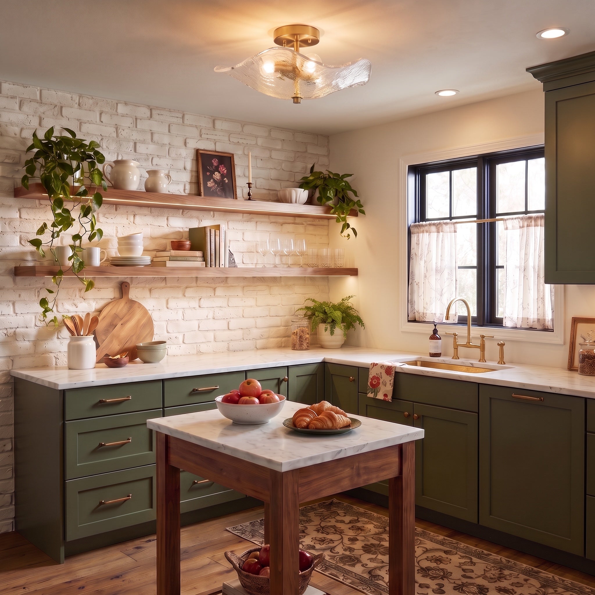 Samara 2-light Semi-Flush Mount in Modern Brass, AI-visualized foyer scene - Golden Lighting