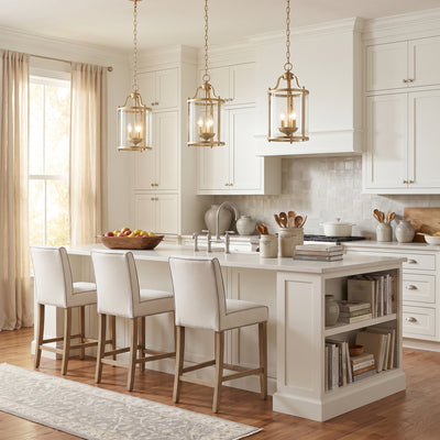 Payton 3-light Pendant in Brushed Champagne Brass, AI-visualized breakfast nook scene - Golden Lighting