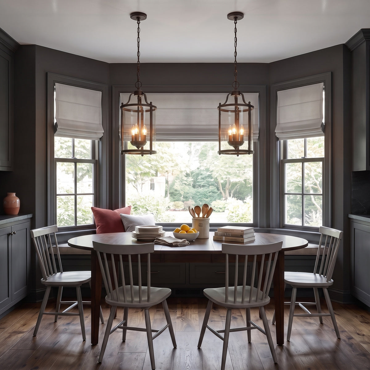 Payton 3-light Pendant in Rubbed Bronze, AI-visualized breakfast nook scene - Golden Lighting