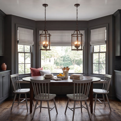 Payton 3-light Pendant in Rubbed Bronze, AI-visualized breakfast nook scene - Golden Lighting