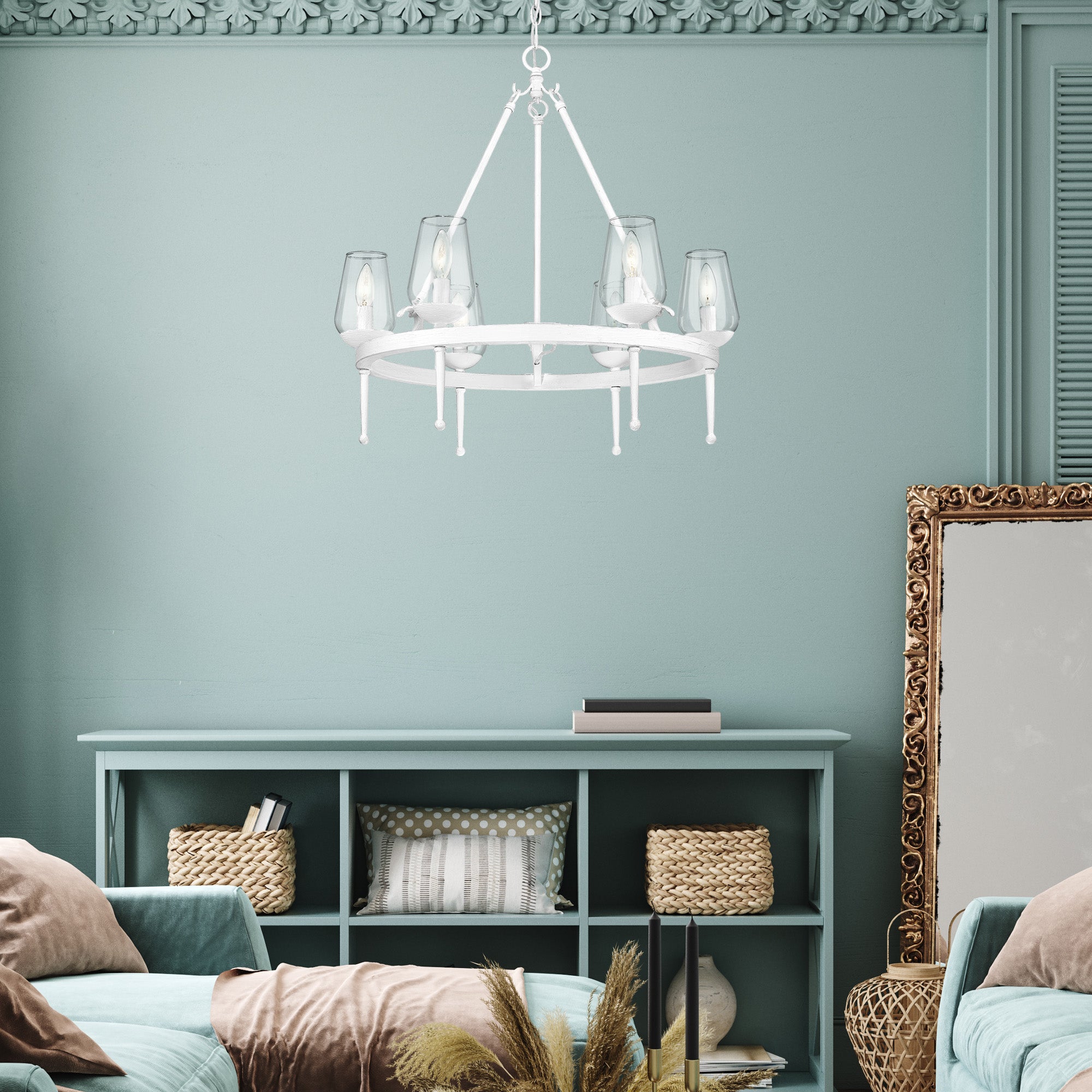 Regent 6 Light Chandelier in Textured White Plaster with Clear Glass Shade - Default Title - Golden Lighting
