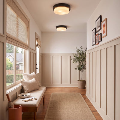 Morgon 2-light Flush Mount in Matte Black, AI-visualized hallway scene - Golden Lighting