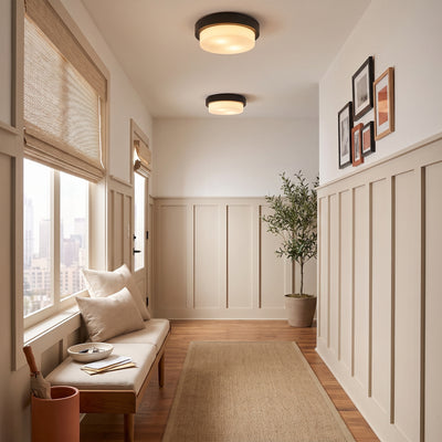 Morgon 2-light Flush Mount in Matte Black, AI-visualized hallway scene - Golden Lighting
