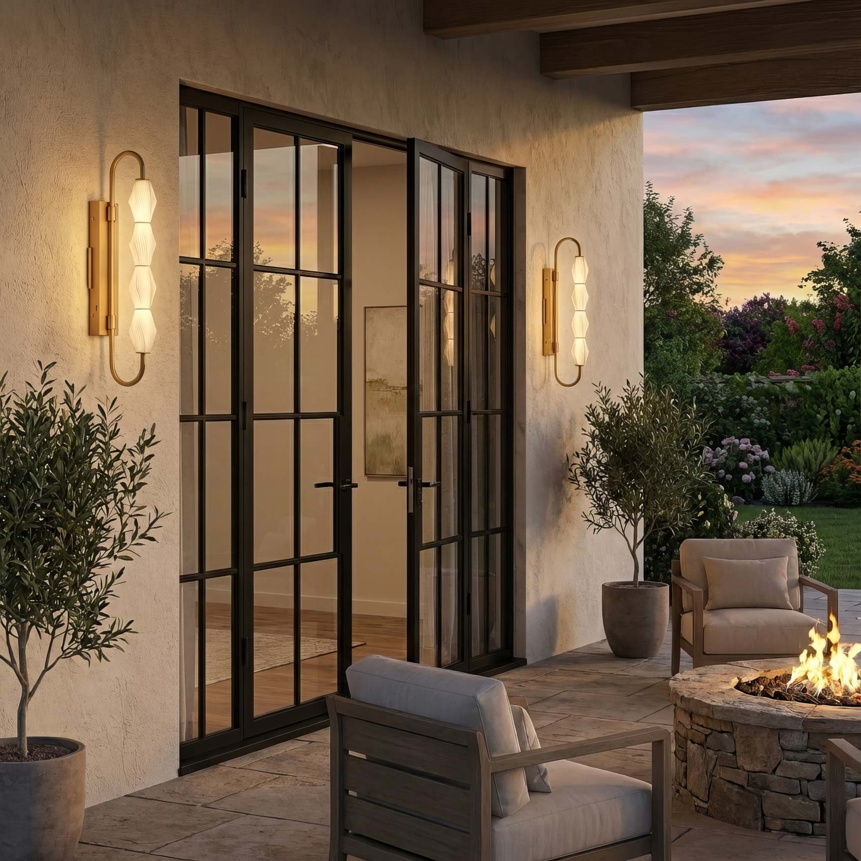 Golden Lighting Geode Integrated LED 27in Outdoor Wall in Satin Brushed Gold with Fluted Striped Glass