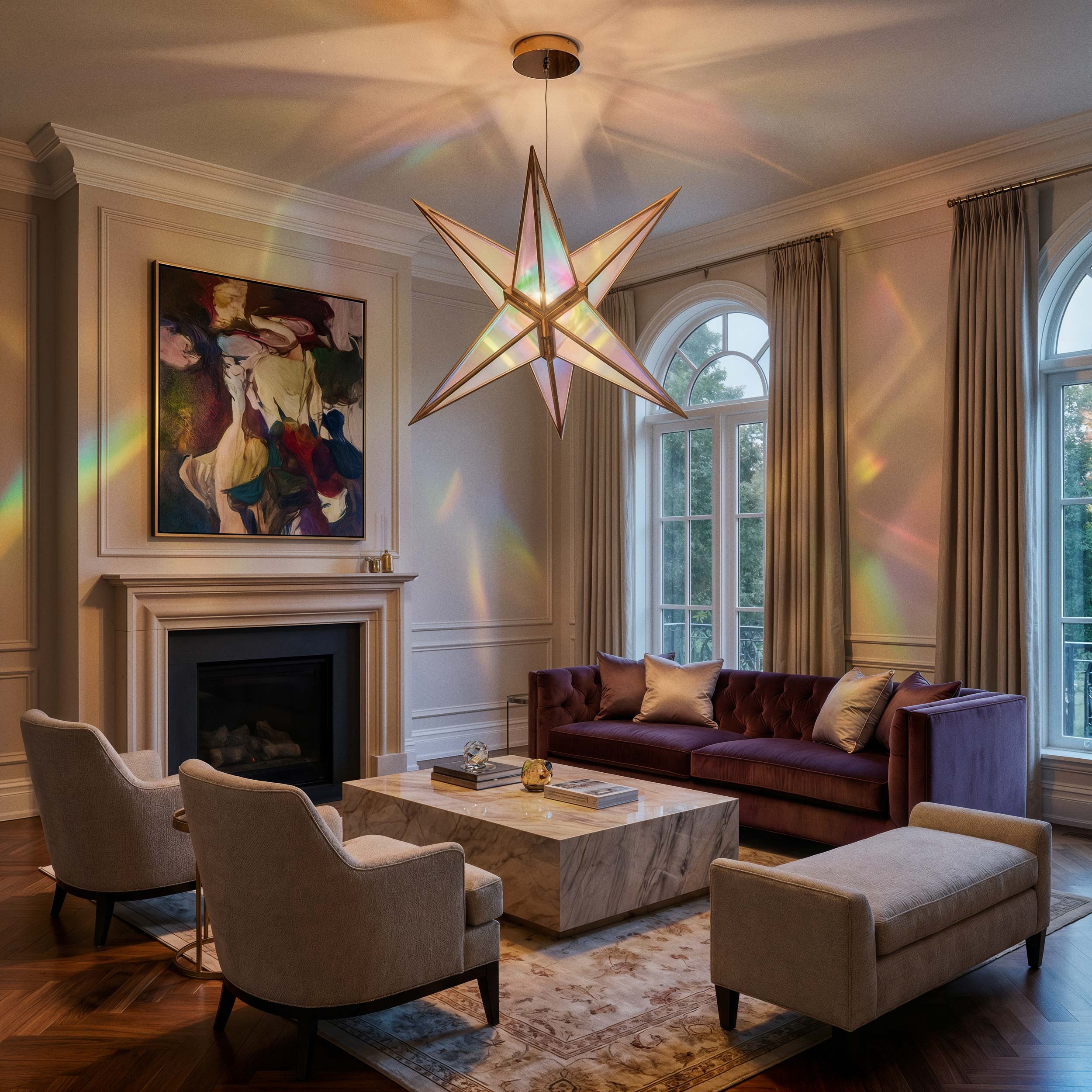 Spectrum 29" prismatic LED Pendant Light shown in a modern living room with chandelier, fireplace, and large windows.