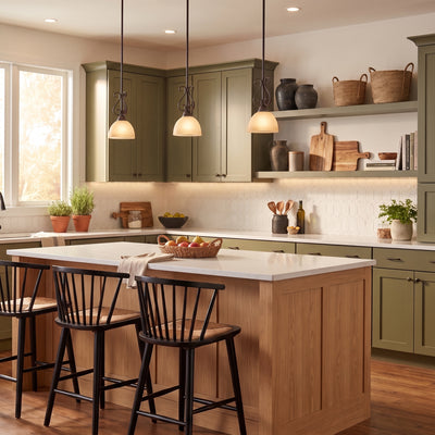 Riverton 1-light Pendant in Peppercorn, AI-visualized breakfast nook scene - Golden Lighting