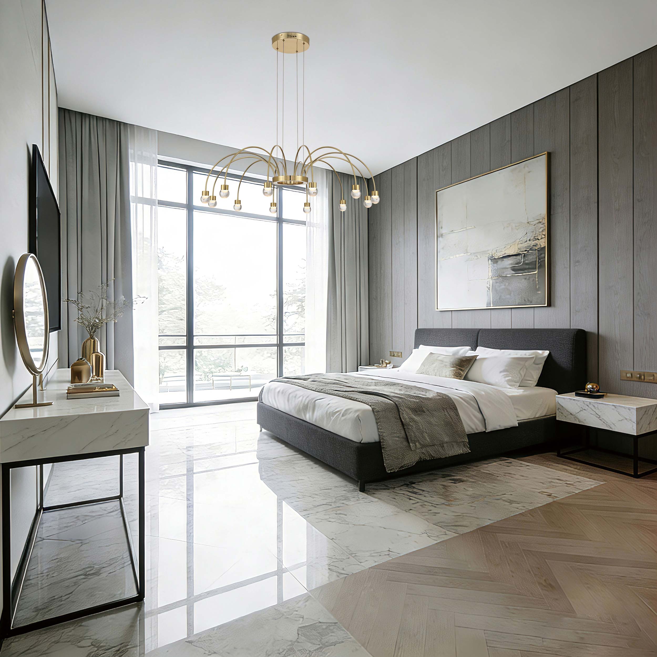 Yep by Golden Lighting Vario Integrated LED 12 light Chandelier in Titanium Gold with Globe diffusers - - Golden Lighting