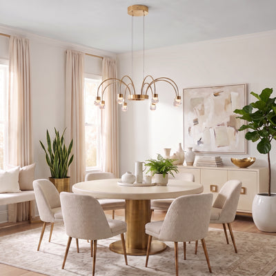 Vario 8-light Chandelier in Titanium Gold, AI-visualized dining room scene - Golden Lighting