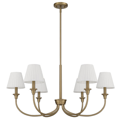 Cambria 6-Light Chandelier in Brushed Champagne Brass & White Pleated Shades - - Golden Lighting