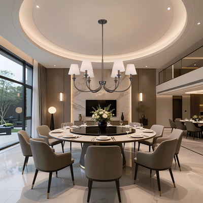 Cambria 6-Light Chandelier in Oil Rubbed Bronze & White Shades, shown in a room setting - Golden Lighting