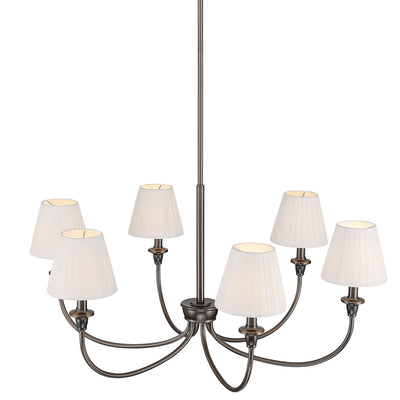 Cambria 6-Light Chandelier in Oil Rubbed Bronze & Pleated White Shades, side view - Golden Lighting