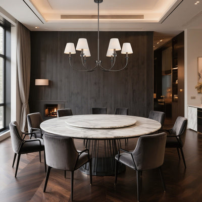 Cambria 6-Light Chandelier in Oil Rubbed Bronze & Pleated White Shades, shown in a room setting - Golden Lighting