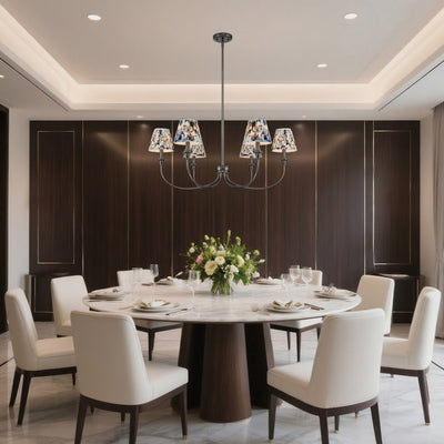 Cambria 6-light Chandelier in Oil Rubbed Bronze with Blue Poppy Shades, shown in a room setting - Golden Lighting