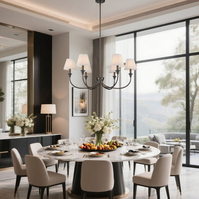 Cambria 6-light Chandelier in Oil Rubbed Bronze & Gathered White Shades, shown in a room setting - Golden Lighting