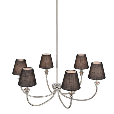 Cambria 6-light Chandelier in Polished Nickel with Black Shades, side view - Golden Lighting
