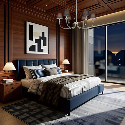 Cambria 6-light Chandelier in Polished Nickel with Black Shades, shown in a room setting - Golden Lighting