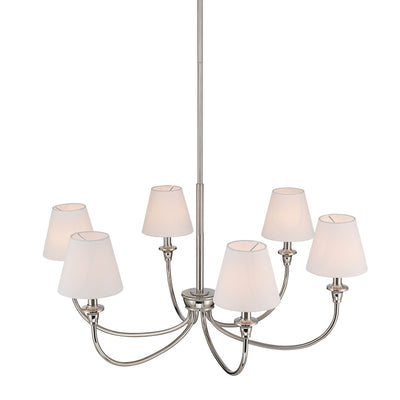 Cambria 6-light Chandelier in Polished Nickel with White Shades, side view - Golden Lighting