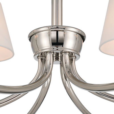 Cambria 6-light Chandelier in Polished Nickel with White Shades, detail close-up - Golden Lighting