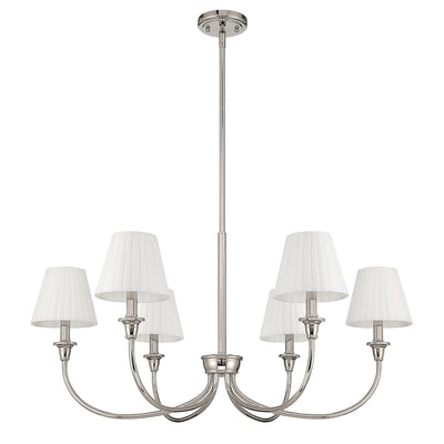 Cambria 6-light Chandelier in Polished Nickel & Pleated White Shades, alternate view - Golden Lighting